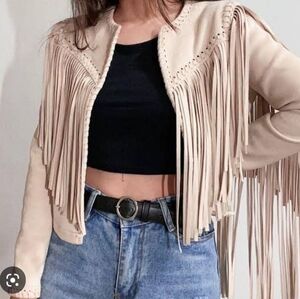 ZARA Beige Tan Faux Suede Leather Collarless Fringe Jacket NWT